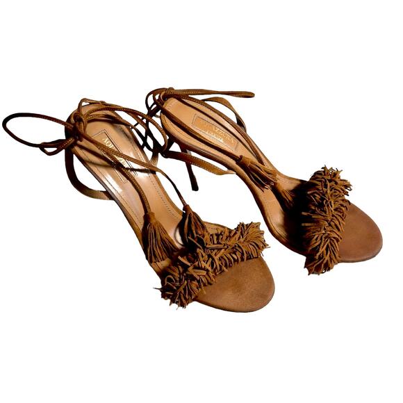 Aquazzura Firenze Cognac Brown Suede Vero Cuoio Sandals Women's EU 39 US 8.5 - Picture 2 of 10